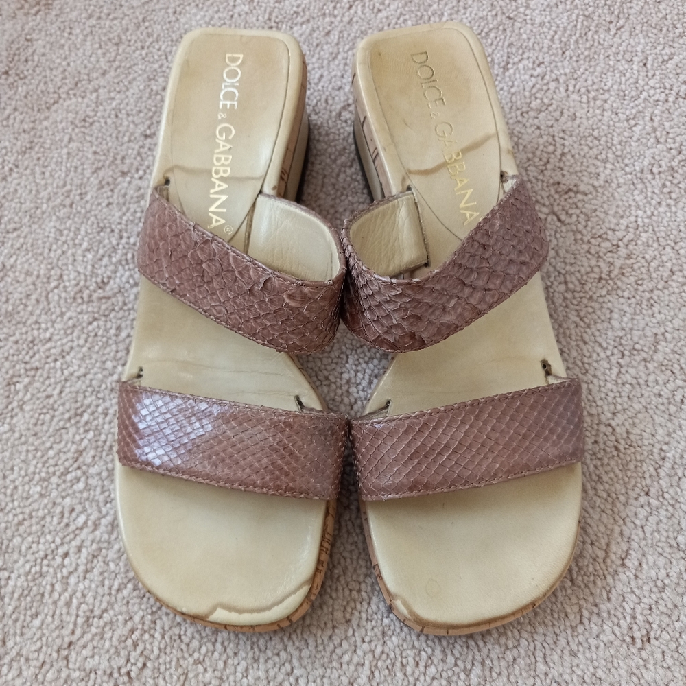 DOLCE & GABBANA Pitone Lucido brown leather womens vintage sandals size 37 US 7M